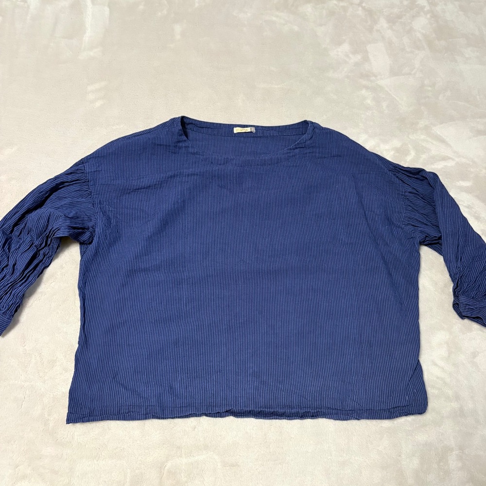 Matta Pinstripe Pleated Sleeve Blouse Women Blue size S Cotton Boxy Top